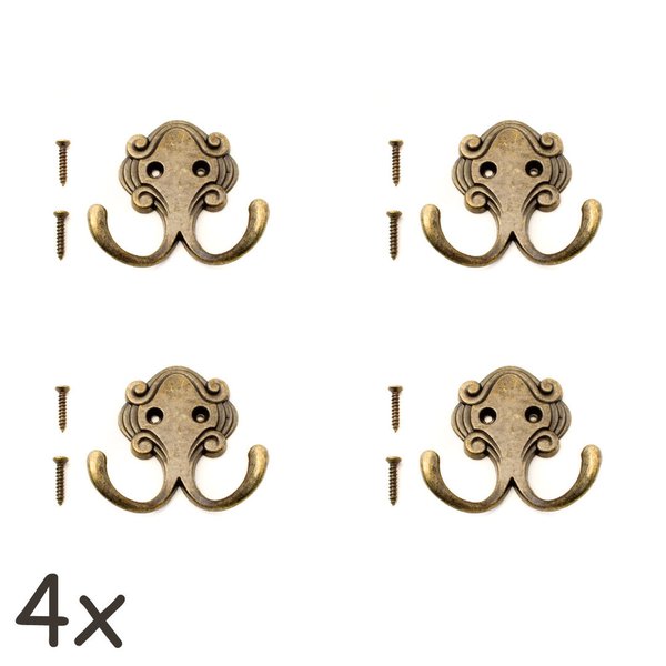 FUXXER - Antik Doppel-Haken | Garderoben-Haken, Handtuch-Haken| Messing Bronze Design  | 4er Set