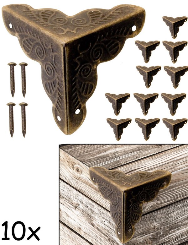 FUXXER® - 10x Antik Möbel Ecken | Beschläge für Kisten Boxen Möbel Regal Tisch | Messing Antik Optik
